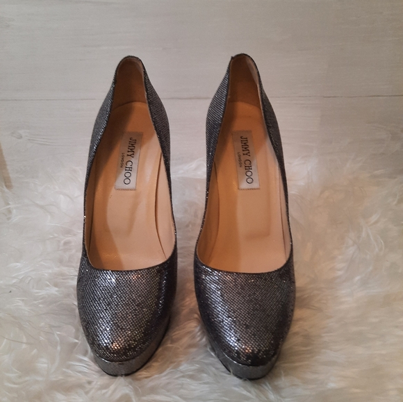 Jimmy Choo Silver black shimmer Platform heels sz 38.5 8.5 Italy - Picture 10 of 11